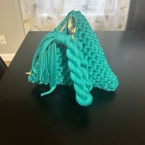 Teal handmade crochet wristlet bag